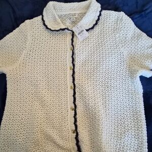 J. Crew Ivory Knit Cardigan with Navy Accents